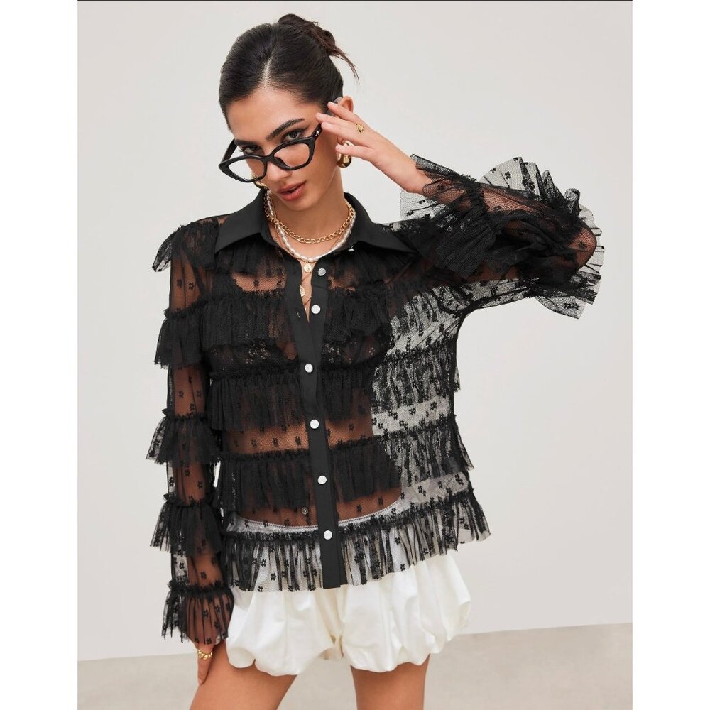Black Mesh Floral Ruffle Layered See-Through Long Sleeve Button-Up Shirt